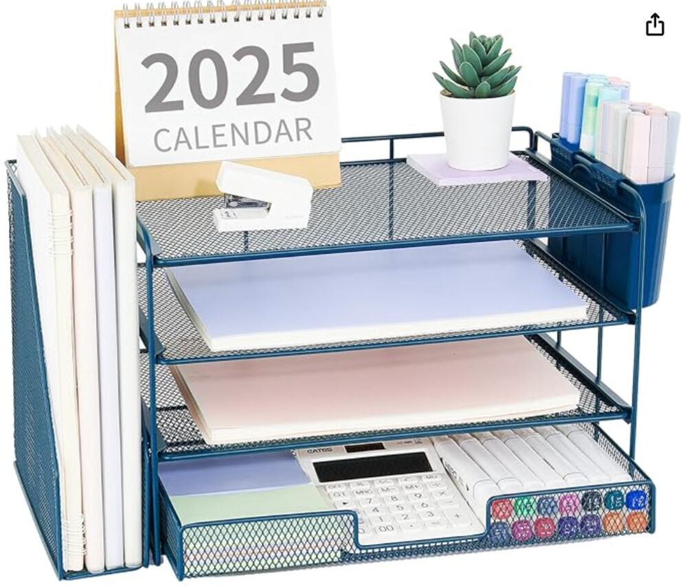 4-Tier Desktop File Organizer with Drawer and 2 Pen Holders- Dark Blue